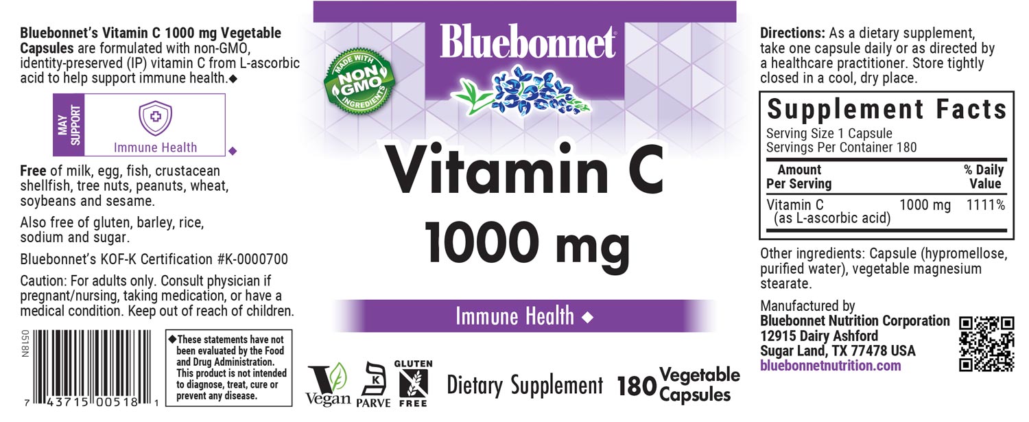 Bluebonnet Nutrition's Vitamin C-1000 mg Capsules are formulated with non-GMO, identity-preserved (IP) vitamin C from L-ascorbic acid to help support immune function. #size_180 count