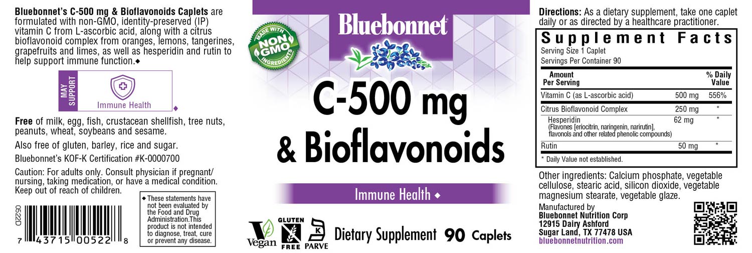 Bluebonnet’s C-500 mg & Bioflavonoids Caplets are formulated with vitamin C from L-ascorbic acid that is (IP) identity-preserved and non-GMO with citrus bioflavonoids from oranges, lemons, tangerines, grapefruits and limes to help support immune health. #size_90 count