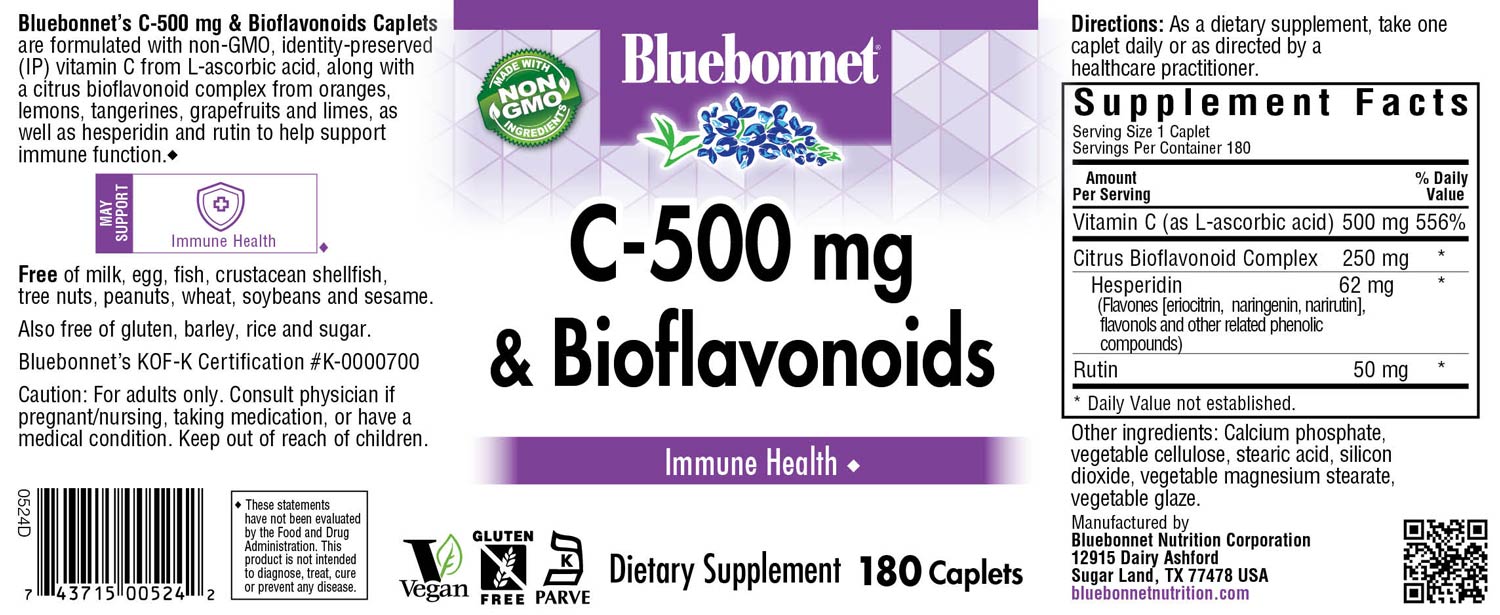 Bluebonnet’s C-500 mg & Bioflavonoids Caplets are formulated with vitamin C from L-ascorbic acid that is (IP) identity-preserved and non-GMO with citrus bioflavonoids from oranges, lemons, tangerines, grapefruits and limes to help support immune health. #size_180 count