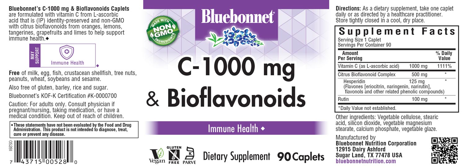 Bluebonnet’s C-1000 mg & Bioflavonoids Caplets are formulated with vitamin C from L-ascorbic acid that is (IP) identity-preserved and non-GMO with citrus bioflavonoids from oranges, lemons, tangerines, grapefruits and limes to help support immune health. #size_90 count
