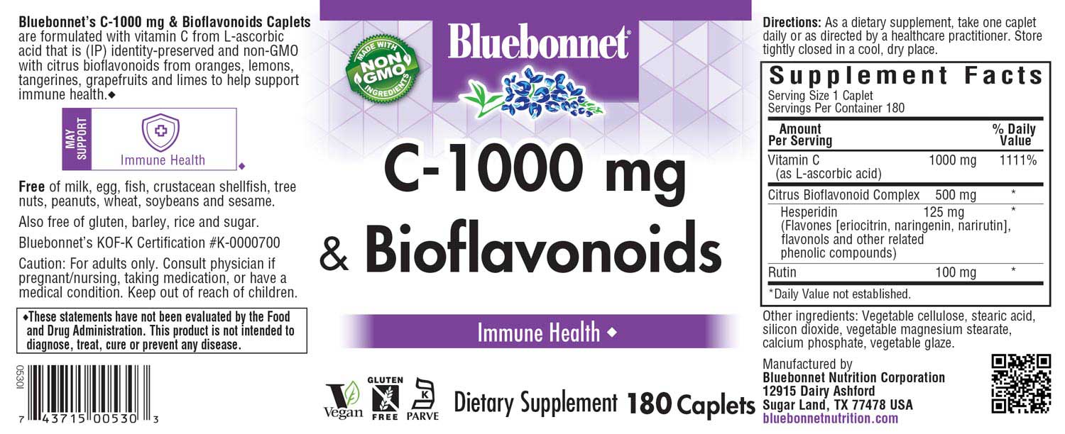 Bluebonnet’s C-1000 mg & Bioflavonoids Caplets are formulated with vitamin C from L-ascorbic acid that is (IP) identity-preserved and non-GMO with citrus bioflavonoids from oranges, lemons, tangerines, grapefruits and limes to help support immune health. #size_180 count