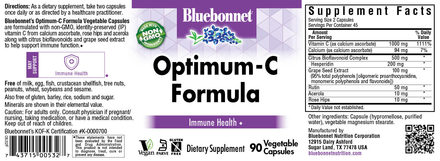 Bluebonnet’s Optimum-C Formula Vegetable Capsules are formulated with non-GMO, identity preserved (IP) vitamin C from calcium ascorbate, rose hips and acerola along with citrus bioflavonoids and grape seed extract to help support immune function. #size_90 count