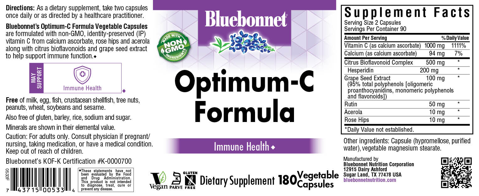 Bluebonnet’s Optimum-C Formula Vegetable Capsules are formulated with non-GMO, identity preserved (IP) vitamin C from calcium ascorbate, rose hips and acerola along with citrus bioflavonoids and grape seed extract to help support immune function. #size_180 count