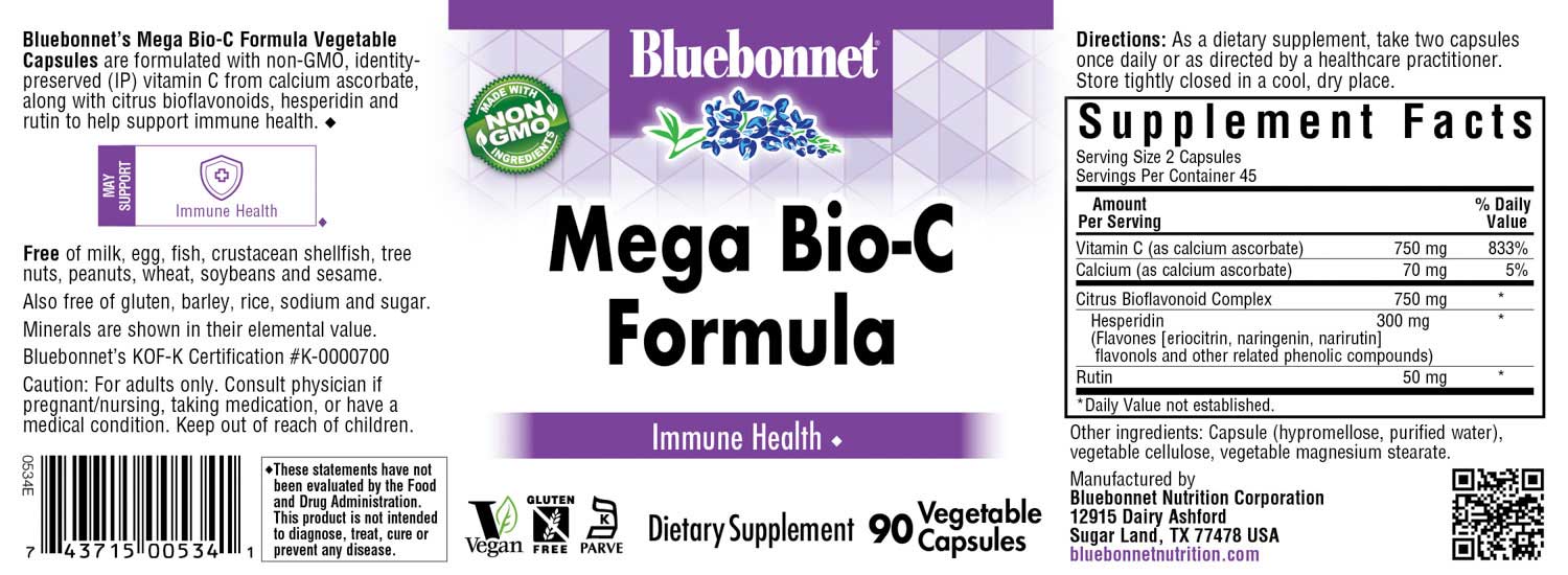 Bluebonnet’s Mega Bio-C Formula Vegetable Capsules are formulated with high potency buffered vitamin C from calcium ascorbate and high potency citrus bioflavonoids complex from oranges, lemons, tangerines, grapefruits and limes plus, hesperidin and rutin for immune health. #size_90 count