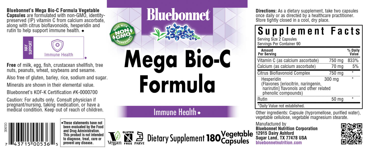 Bluebonnet’s Mega Bio-C Formula Vegetable Capsules are formulated with high potency buffered vitamin C from calcium ascorbate and high potency citrus bioflavonoids complex from oranges, lemons, tangerines, grapefruits and limes plus, hesperidin and rutin for immune health. #size_180 count