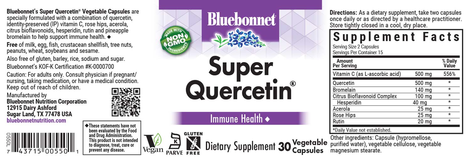 Bluebonnet’s Super Quercetin® 30 Vegetable Capsules are specially formulated with a combination of quercetin, identity preserved (IP) vitamin C, rose hips, acerola, citrus bioflavonoids, hesperidin, rutin and pineapple bromelain to help support immune function. #size_30 count