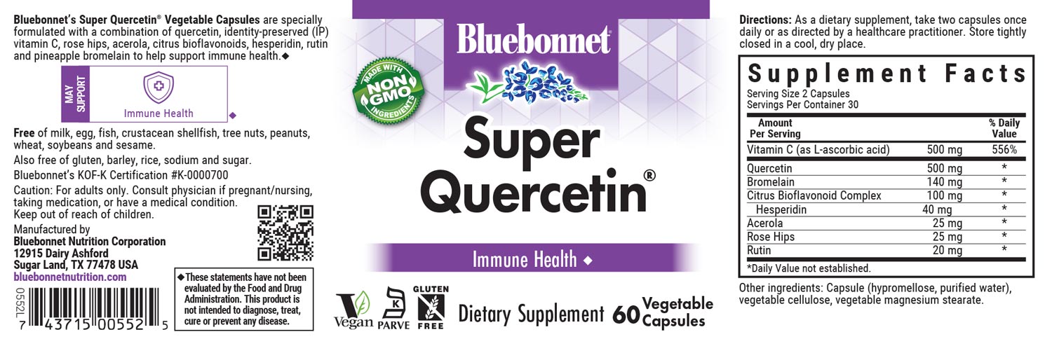 Bluebonnet’s Super Quercetin® 60 Vegetable Capsules are specially formulated with a combination of quercetin, identity preserved (IP) vitamin C, rose hips, acerola, citrus bioflavonoids, hesperidin, rutin and pineapple bromelain to help support immune function. #size_60 count