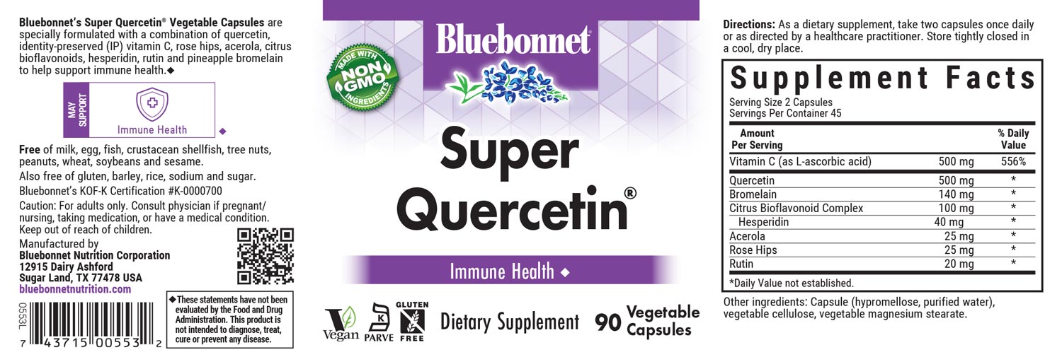 Bluebonnet’s Super Quercetin® 90 Vegetable Capsules are specially formulated with a combination of quercetin, identity preserved (IP) vitamin C, rose hips, acerola, citrus bioflavonoids, hesperidin, rutin and pineapple bromelain to help support immune function. #size_90 count
