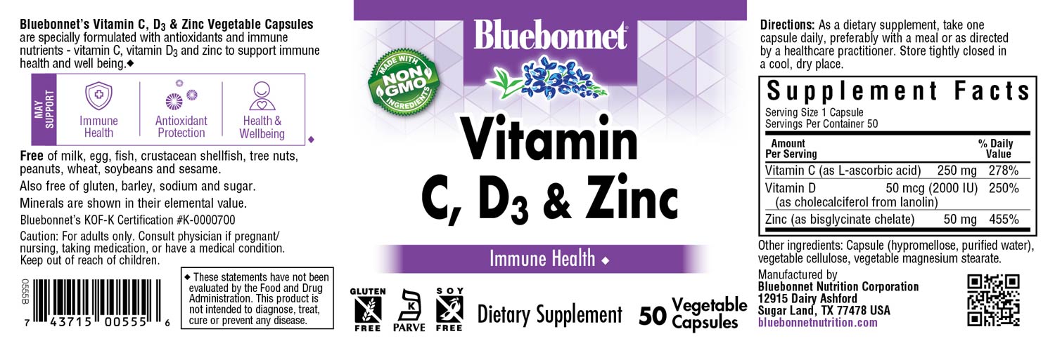 Bluebonnet’s Vitamin C, D3 & Zinc Vegetable Capsules are specially formulated with antioxidants and immune nutrients-vitamin C, vitamin D3 and zinc to support immune health and well being. #size_50 count