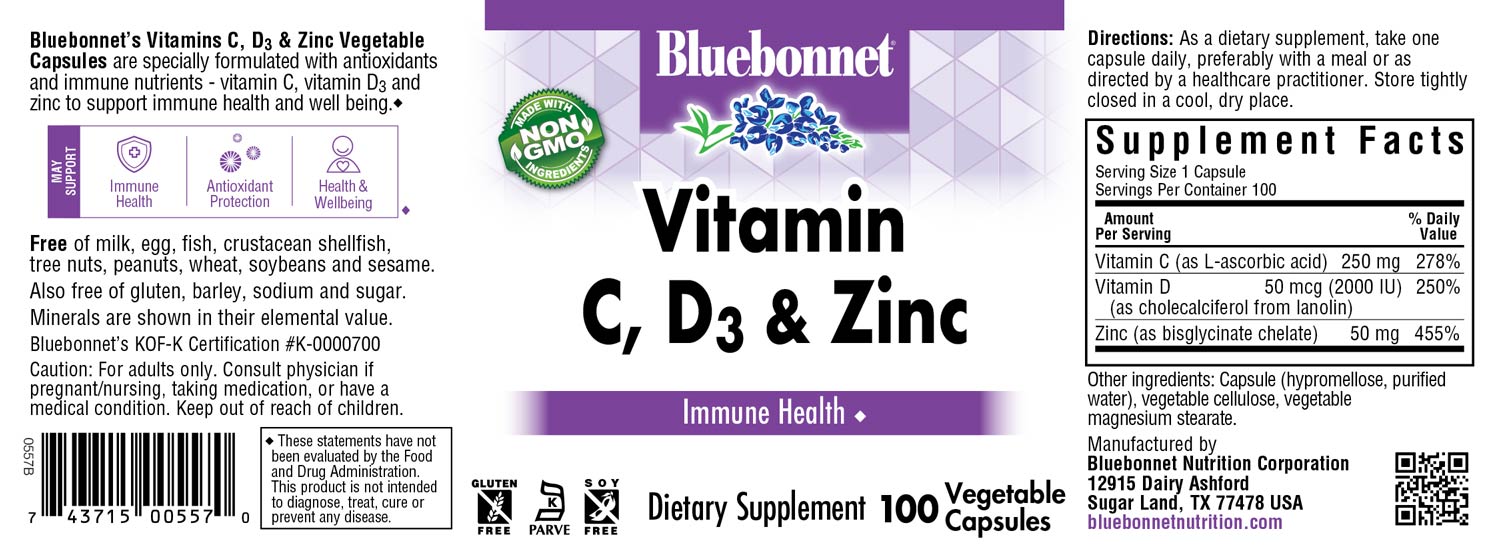 Bluebonnet’s Vitamin C, D3 & Zinc Vegetable Capsules are specially formulated with antioxidants and immune nutrients-vitamin C, vitamin D3 and zinc to support immune health and well being. #size_100 count