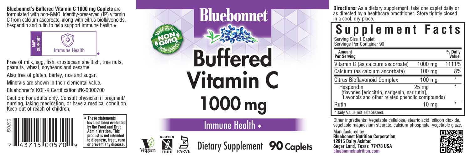 Bluebonnet Nutrition's BUFFERED VITAMIN C-1000 mg is formulated with 1000 mg of identity-preserved (IP) Buffered Vitamin C & Citrus Bioflavonoids and Rutin. #size_90 count