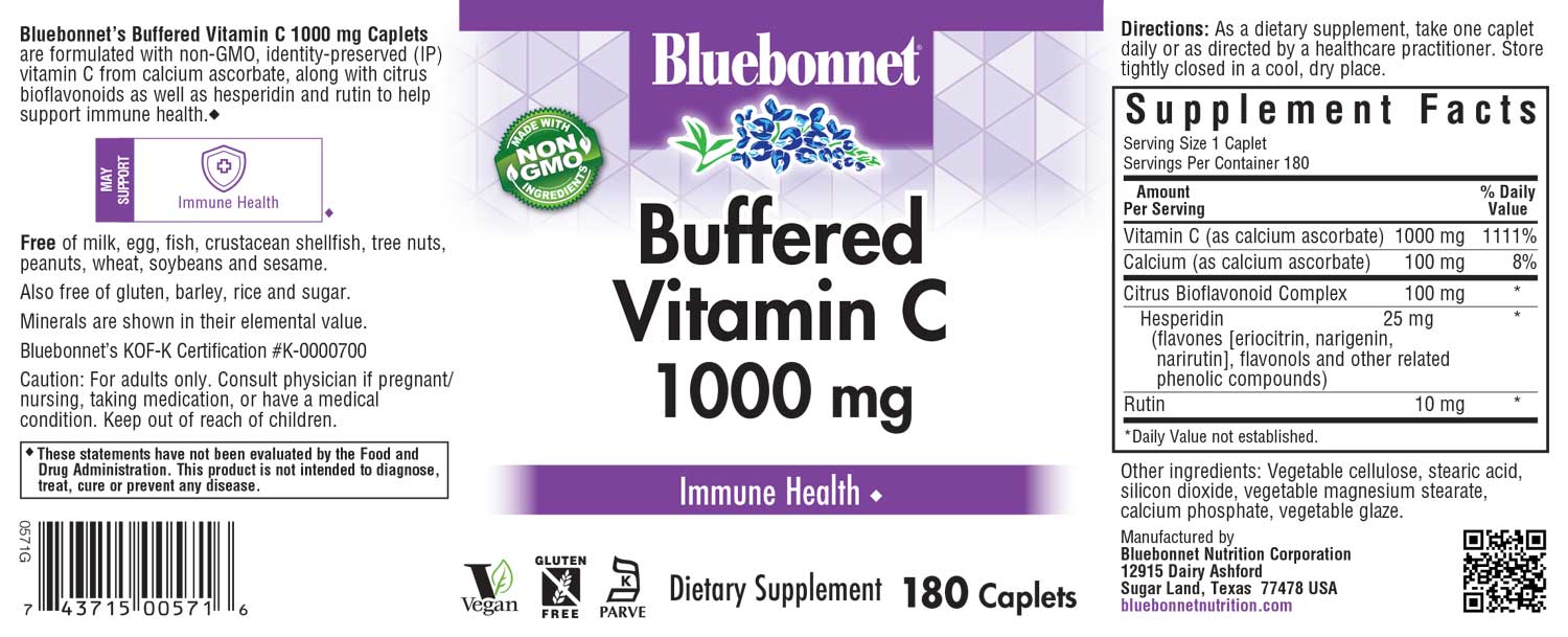 Bluebonnet Nutrition's BUFFERED VITAMIN C-1000 mg is formulated with 1000 mg of identity-preserved (IP) Buffered Vitamin C & Citrus Bioflavonoids and Rutin. #size_180 count