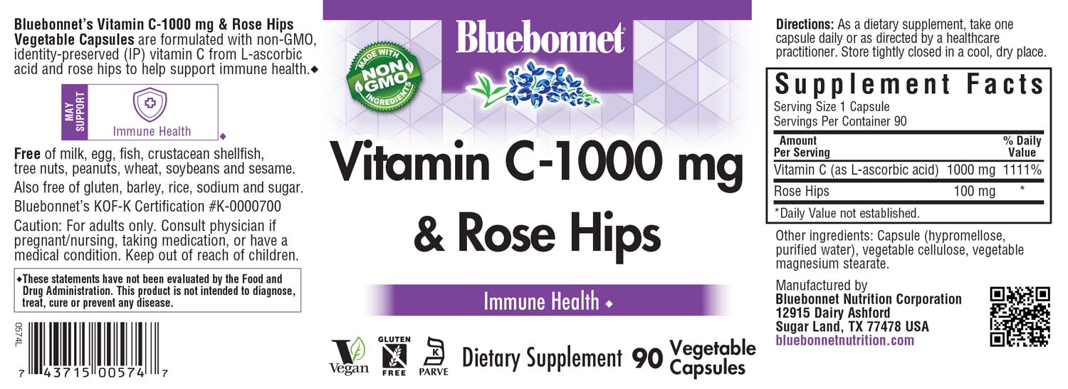 Bluebonnet’s Vitamin C-1000 mg & Rose Hips Vegetable Capsules are formulated with non-GMO, identity preserved (IP) vitamin C from L-ascorbic acid and rose hips to help support immune function. #size_90 count