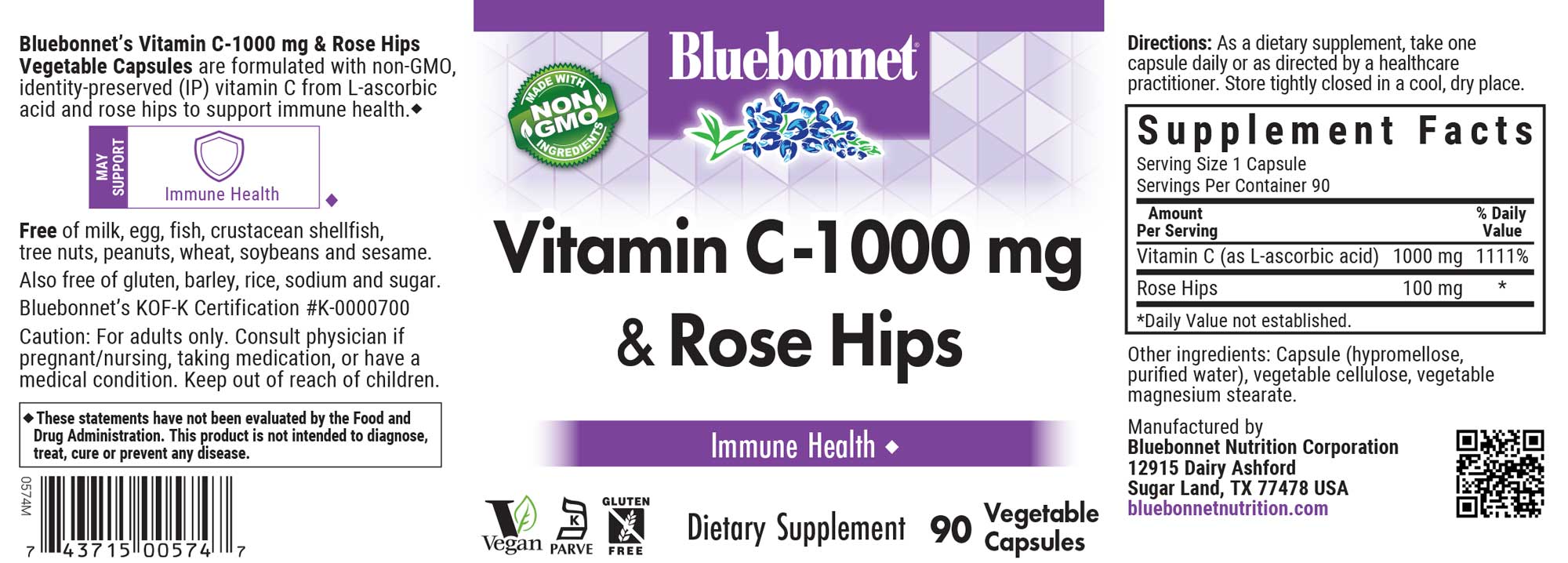 Bluebonnet’s Vitamin C-1000 mg & Rose Hips Vegetable Capsules are formulated with non-GMO, identity preserved (IP) vitamin C from L-ascorbic acid and rose hips to help support immune function. #size_90 count