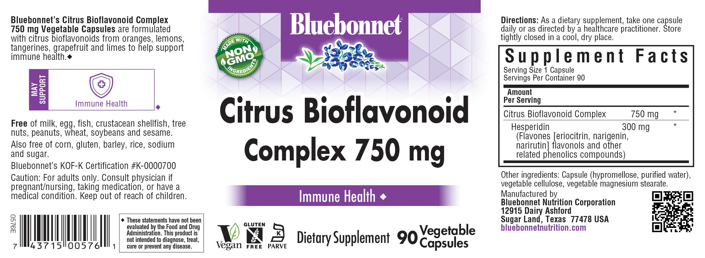 Bluebonnet’s Citrus Bioflavonoid Complex 750 mg Vegetable Capsules are formulated with citrus bioflavonoids from oranges, lemons, tangerines, grapefruit and limes to help support immune function.