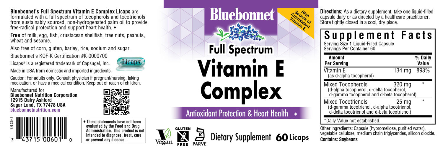 Bluebonnet’s Full Spectrum Vitamin E Complex Licaps are specially formulated with d-alpha tocopherol and full spectrum tocopherol isomers (alpha, beta, delta and gamma) and tocotrienol isomers (alpha, beta, delta and gamma) from sustainably sourced, non-hydrogenated palm oil from Malaysia, which enforces strict environmental regulations. Research has found that a total vitamin E complex are formulated withing all family members may provide more health benefits than just d-alpha tocopherol alone