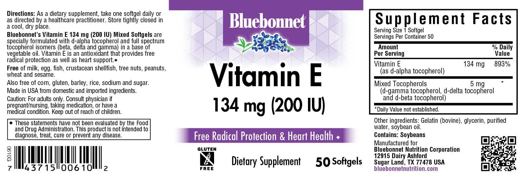 Bluebonnet’s Vitamin E 200 lU (134 mg) Mixed Softgels are specially formulated with d-alpha tocopherol and full spectrum tocopherol isomers (beta, delta and gamma) in a base of vegetable oil. Vitamin E is an antioxidant that provides free radical protection as well as cardiovascular support. #size_50 count