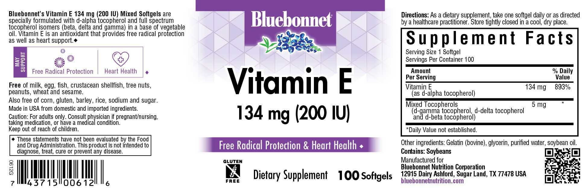 Bluebonnet’s Vitamin E 200 lU (134 mg) Mixed Softgels are specially formulated with d-alpha tocopherol and full spectrum tocopherol isomers (beta, delta and gamma) in a base of vegetable oil. Vitamin E is an antioxidant that provides free radical protection as well as cardiovascular support. #size_100 count