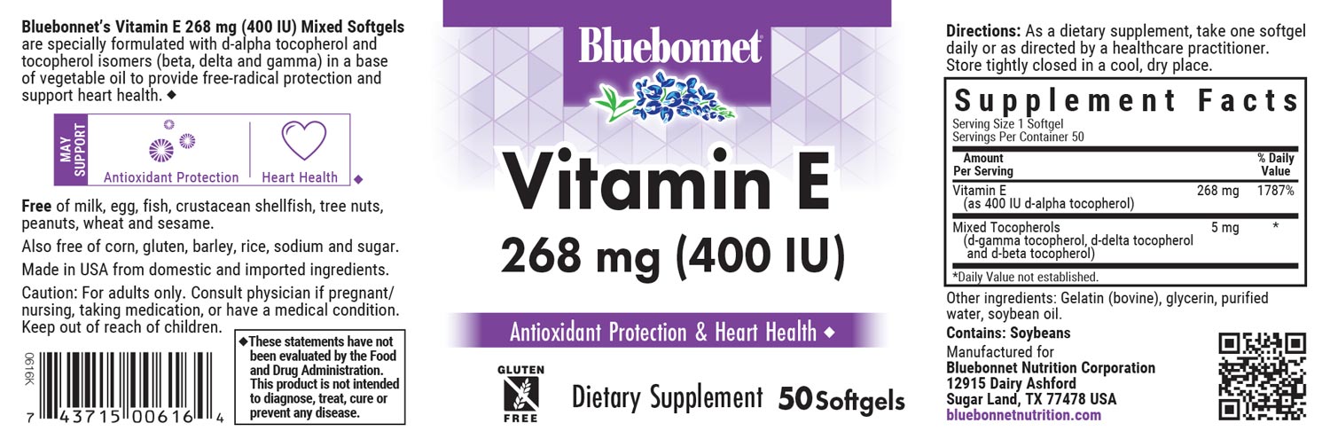 Bluebonnet’s Vitamin E 268 mg (400 IU) Mixed Softgels are specially formulated with d-alpha tocopherol and tocopherol isomers (beta, delta and gamma) in a base of vegetable oil. #size_50 count
