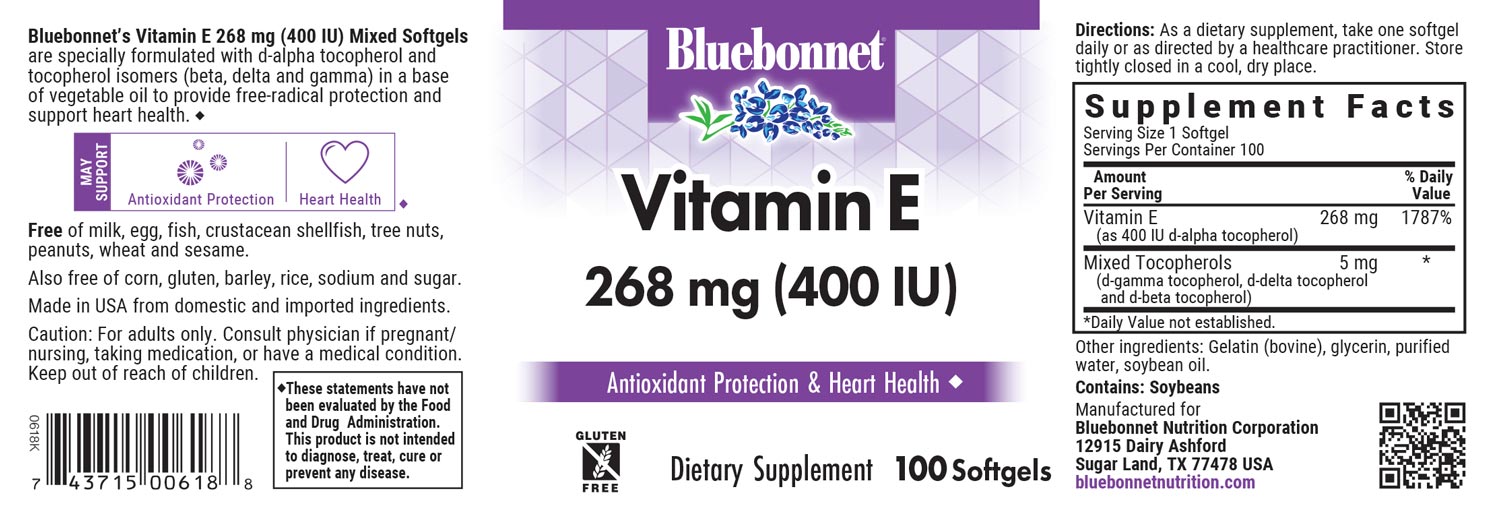 Bluebonnet’s Vitamin E 268 mg (400 IU) Mixed Softgels are specially formulated with d-alpha tocopherol and tocopherol isomers (beta, delta and gamma) in a base of vegetable oil. #size_100 count