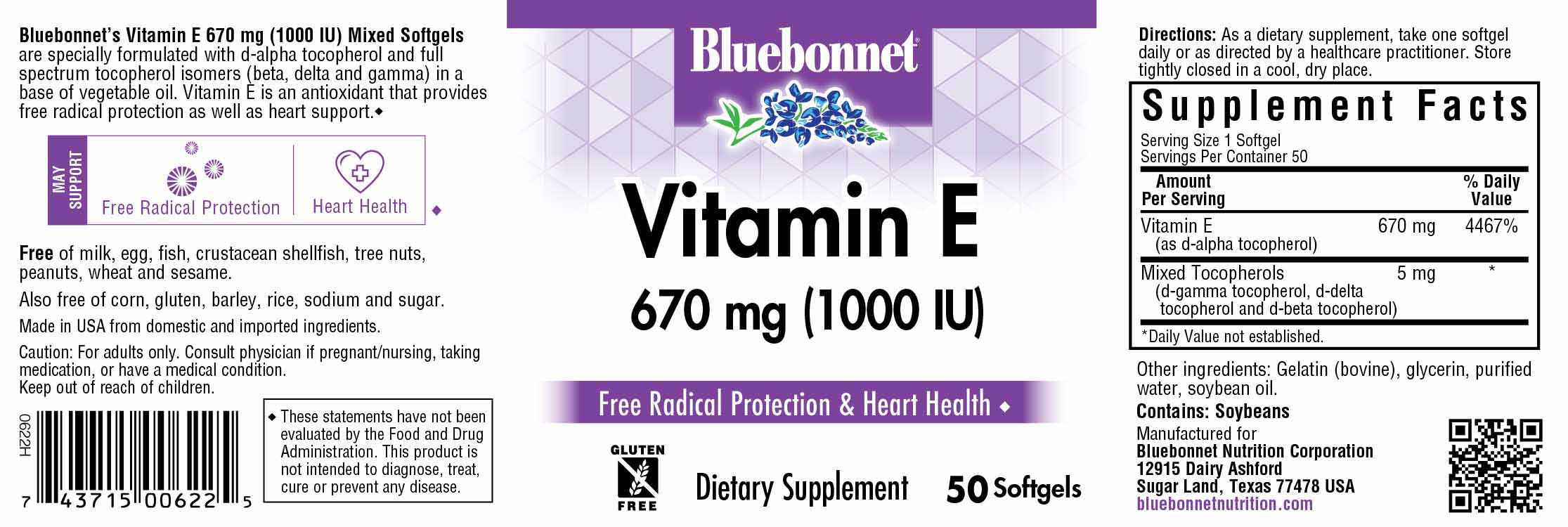 Bluebonnet’s Vitamin E 1000 lU (670 mg) Mixed Softgels are specially formulated with d-alpha tocopherol and full spectrum tocopherol isomers (beta, delta and gamma) in a base of vegetable oil. Vitamin E is an antioxidant that provides free radical protection as well as cardiovascular support. #size_50 count