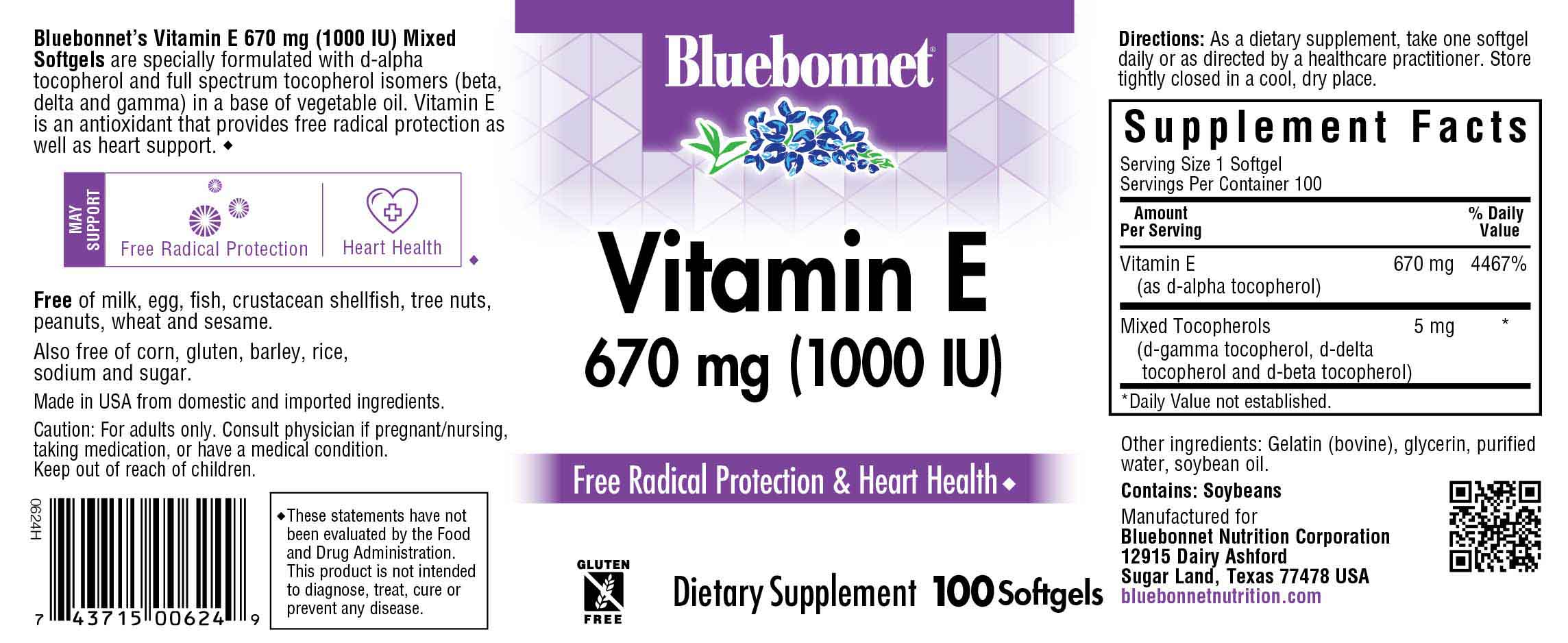 Bluebonnet’s Vitamin E 1000 lU (670 mg) Mixed Softgels are specially formulated with d-alpha tocopherol and full spectrum tocopherol isomers (beta, delta and gamma) in a base of vegetable oil. Vitamin E is an antioxidant that provides free radical protection as well as cardiovascular support. #size_100 count