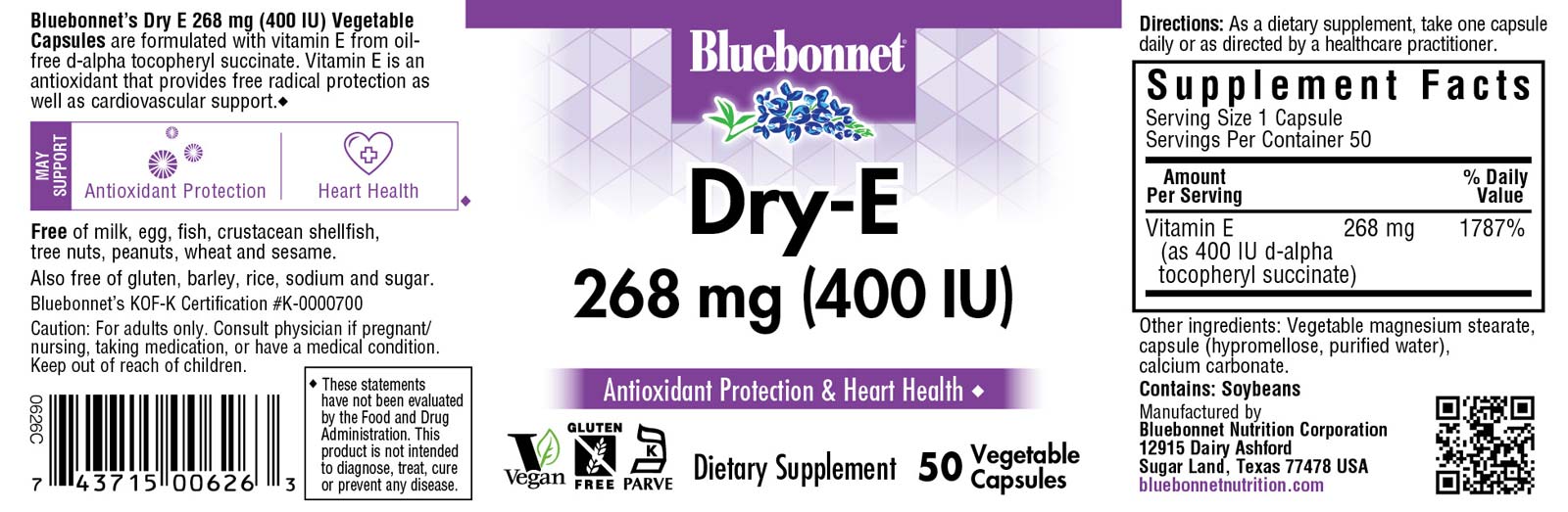 Bluebonnet’s Dry E-268 mg (400 lU) d-Alpha Tocopheryl 50 Vegetable Capsules are formulated with vitamin E from oil-free d-alpha tocopheryl succinate. Vitamin E is an antioxidant that provides free radical protection as well as cardiovascular support.#size_50 count