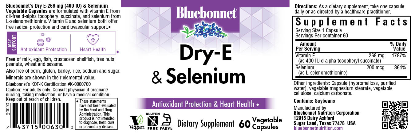 Dry E-268 mg (400 IU) & Selenium Capsules are formulated with vitamin E from oil-free d-alpha tocopheryl succinate, and selenium from L-selenomethionine. Vitamin E and selenium both offer free radical protection and cardiovascular support. #size_60 count