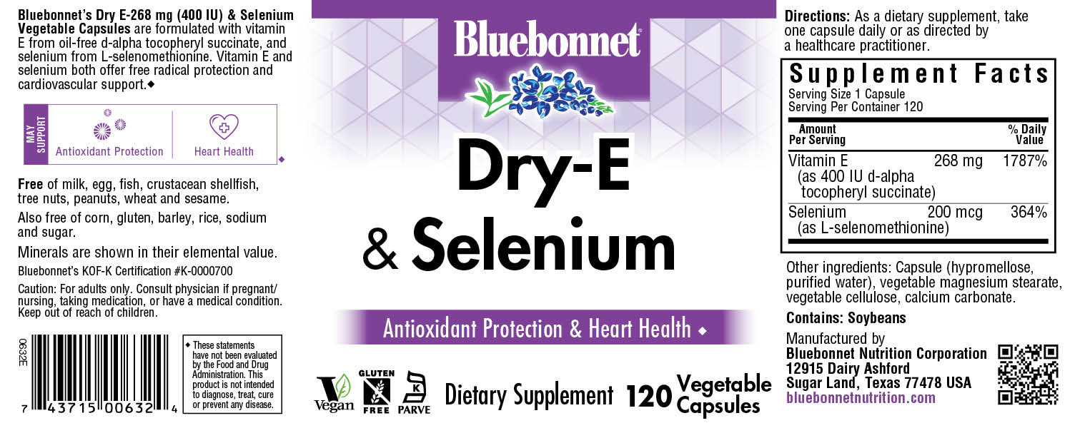 Dry E-268 mg (400 IU) & Selenium Capsules are formulated with vitamin E from oil-free d-alpha tocopheryl succinate, and selenium from L-selenomethionine. Vitamin E and selenium both offer free radical protection and cardiovascular support. #size_120 count