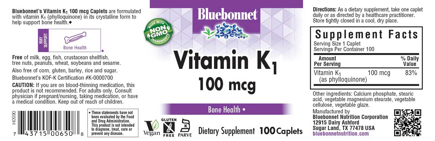 Bluebonnet’s Vitamin K1 100 mcg Caplets are formulated with vitamin K1 (phytonadione) in its crystalline form to help support bone health. #size_100 count
