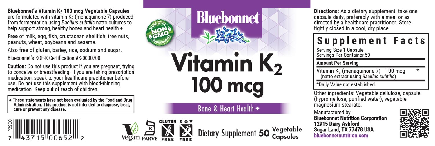 Bluebonnet’s Vitamin K2 100 mcg Vegetable Capsules are formulated with Menaquinone-7 (MK-7) which is produced through a patented biofermentation process from Bacillus subtilis natto cultures. Menaquinone-7 is an enhanced bioactive form of vitamin K2 to help support bone and cardiovascular health. #size_50 count
