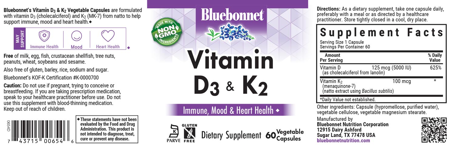 Bluebonnet’s Vitamin D3 & K2 Vegetable Capsules are formulated with vitamin D3 (cholecalciferol) and vitamin K2 (MK-7) from Natto .#size_60 count