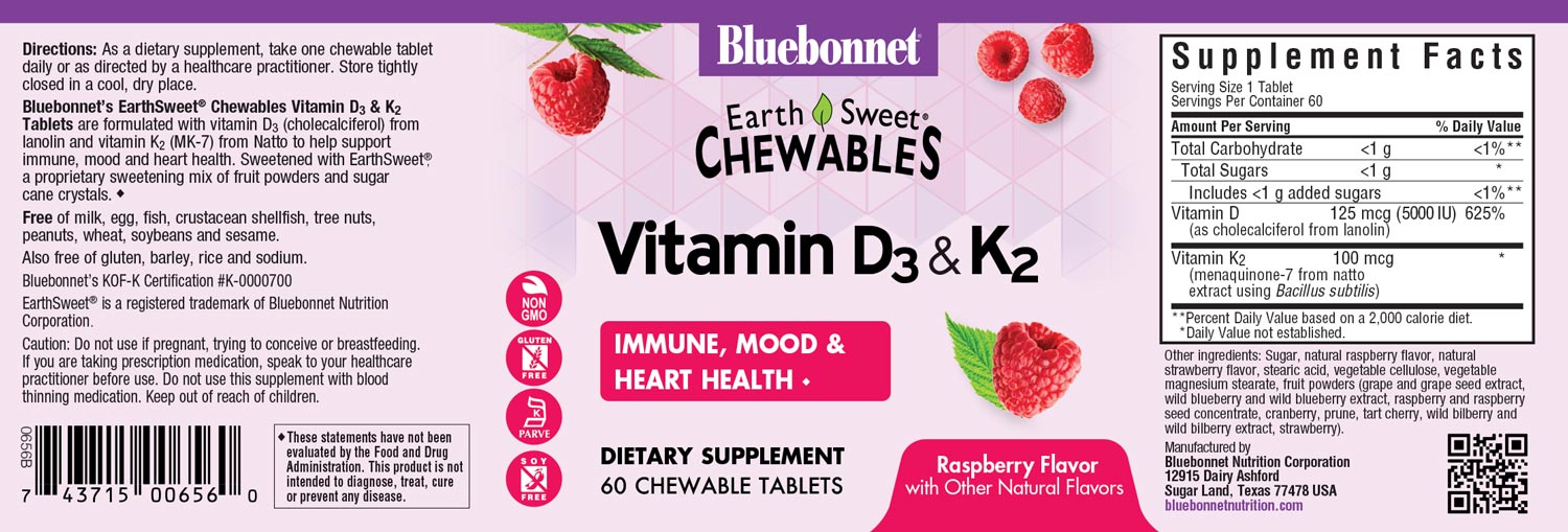 Earthsweet chewables Vitamin D3 K2 specially formulated with 125 mcg (5000 iu) vitamin d3 from lanolin and 100 mcg vitamin k2 from natto in a delicious raspberry flavor and sweetened with EarthSweet®, a proprietary sweetening mix of fruit powders and cane sugar crystals to help suppor immune function, mood, and heart health #size_60 count