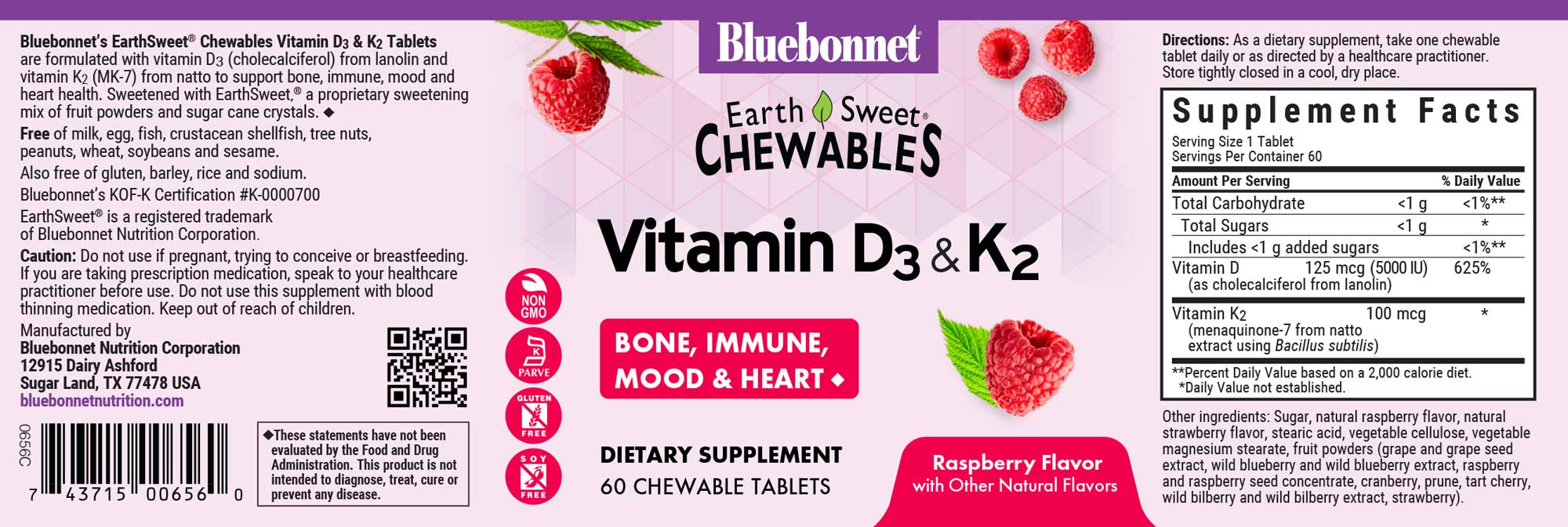 Earthsweet chewables Vitamin D3 K2 specially formulated with 125 mcg (5000 iu) vitamin d3 from lanolin and 100 mcg vitamin k2 from natto in a delicious raspberry flavor and sweetened with EarthSweet®, a proprietary sweetening mix of fruit powders and cane sugar crystals to help suppor immune function, mood, and heart health #size_60 count