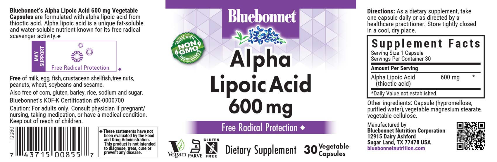 Bluebonnet's Alpha Lipoic Acid 600 mg. 30 vegetable capsules.