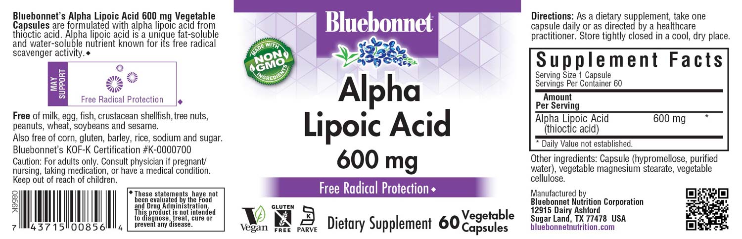 Bluebonnet's Alpha Lipoic Acid 600 mg. 60 vegetable capsules.