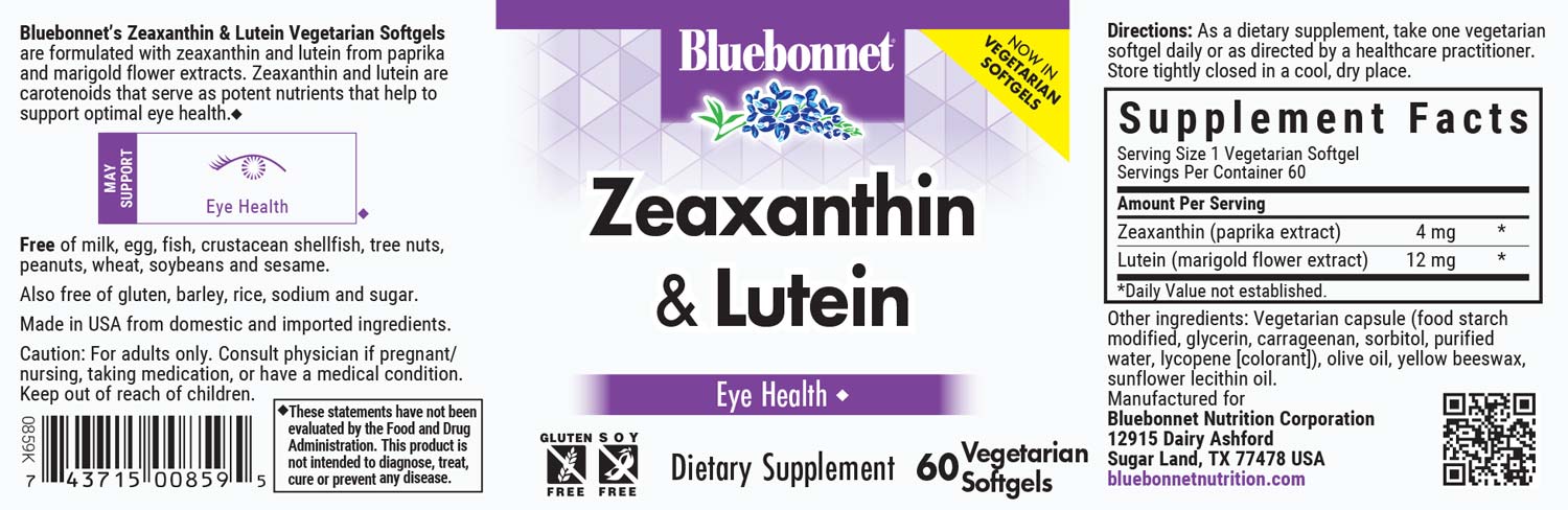 Bluebonnet's Zeaxanthin & Lutein. 60 softgels.