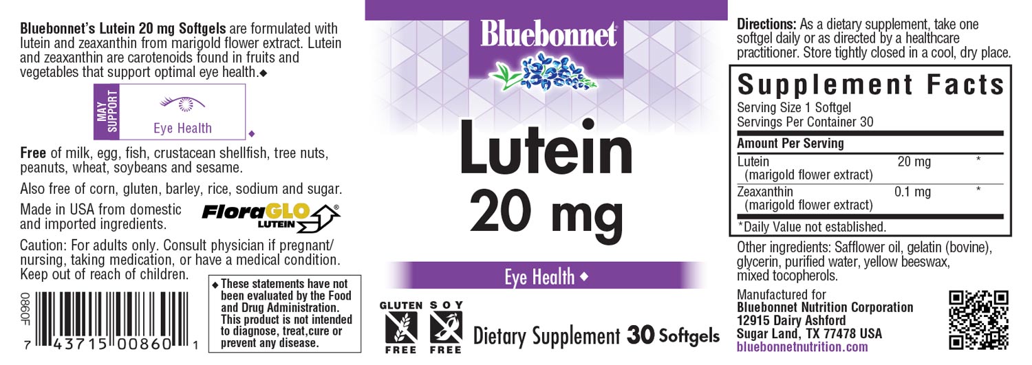 Bluebonnet's Lutein 20 mg. 30 softgels.