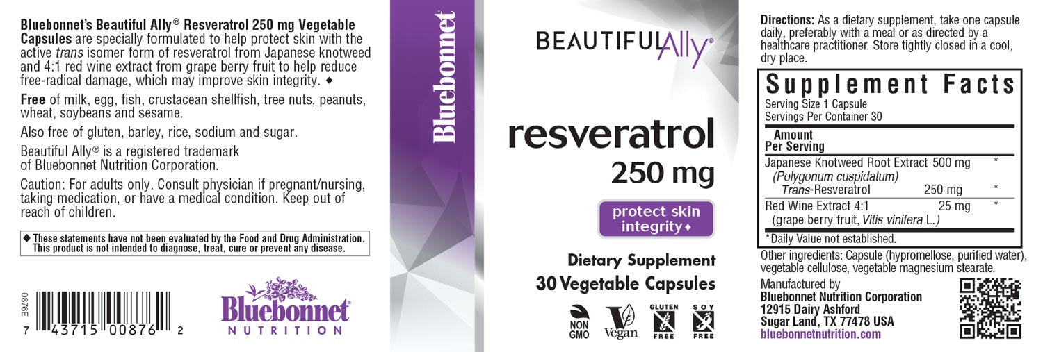 Bluebonnet's Beautifully Resveratrol 250 mg. 30 vegetable capsules.