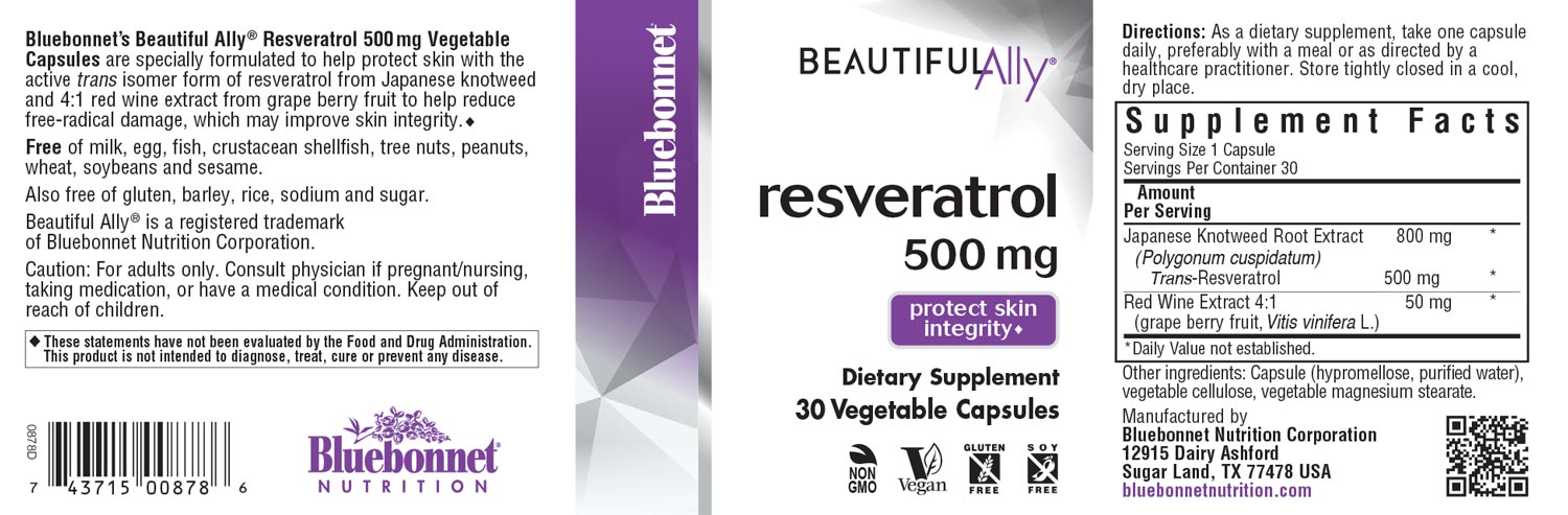 Bluebonnet's Beautifully Resveratrol 500 mg. 30 vegetable capsules.