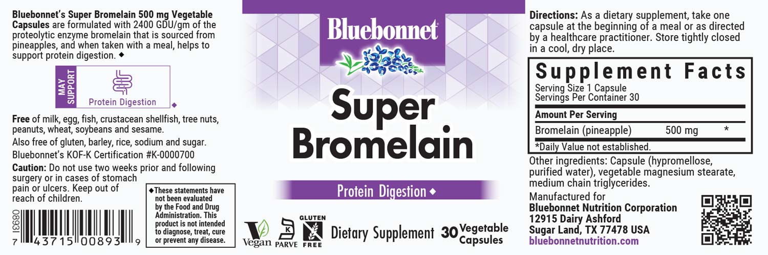 Bluebonnet's Super Bromeliad 500 mg Digestive Enzyme. 30 vegetable capsules.