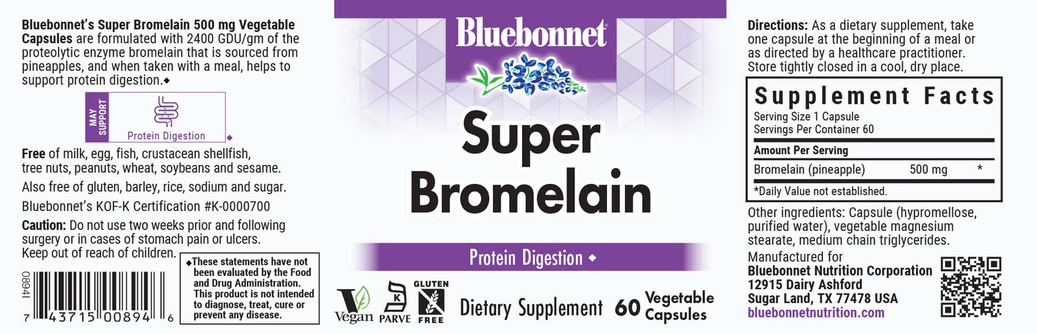 Bluebonnet's Super Bromeliad 500 mg Digestive Enzyme. 60 vegetable capsules.