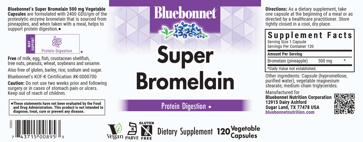 Bluebonnet's Super Bromeliad 500 mg Digestive Enzyme. 120 vegetable capsules.