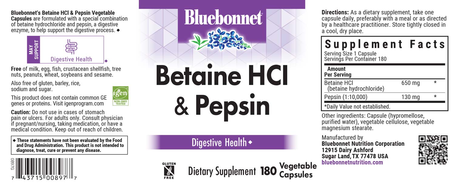 Bluebonnet's Betaine HCL & Pepsin Digestive Enzyme. 180 vegetable capsules.
