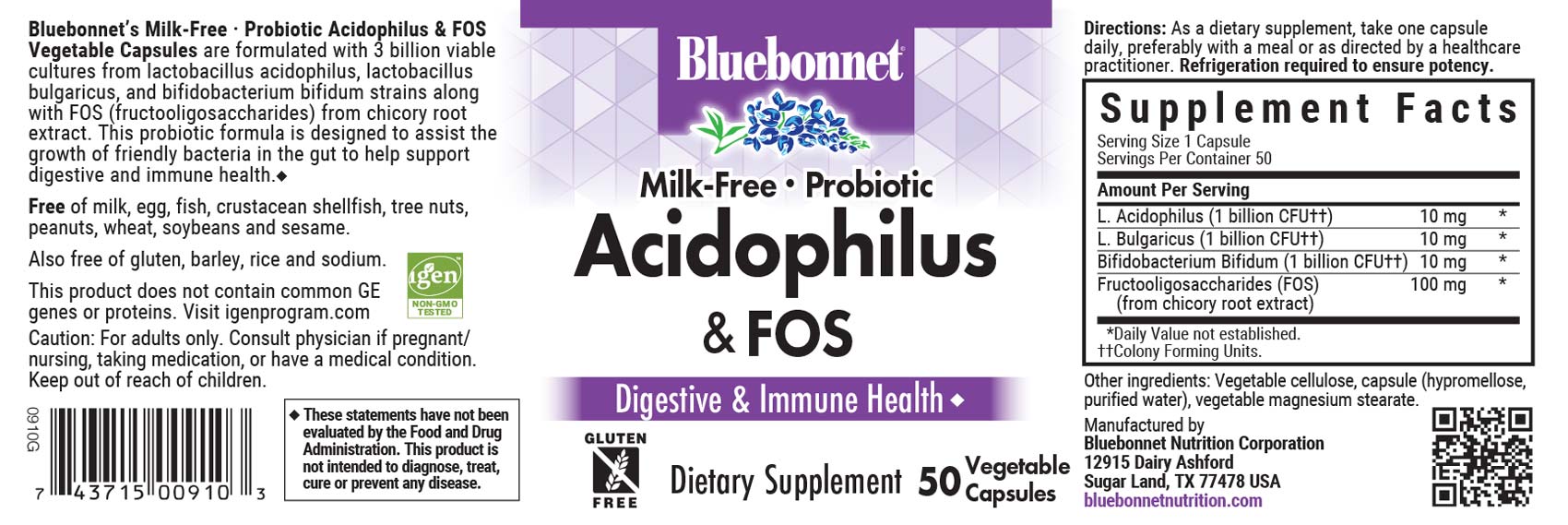 Bluebonnet's Milk-free Probiotic Acidophilus & FOS. 50 Vegetable Capsules.