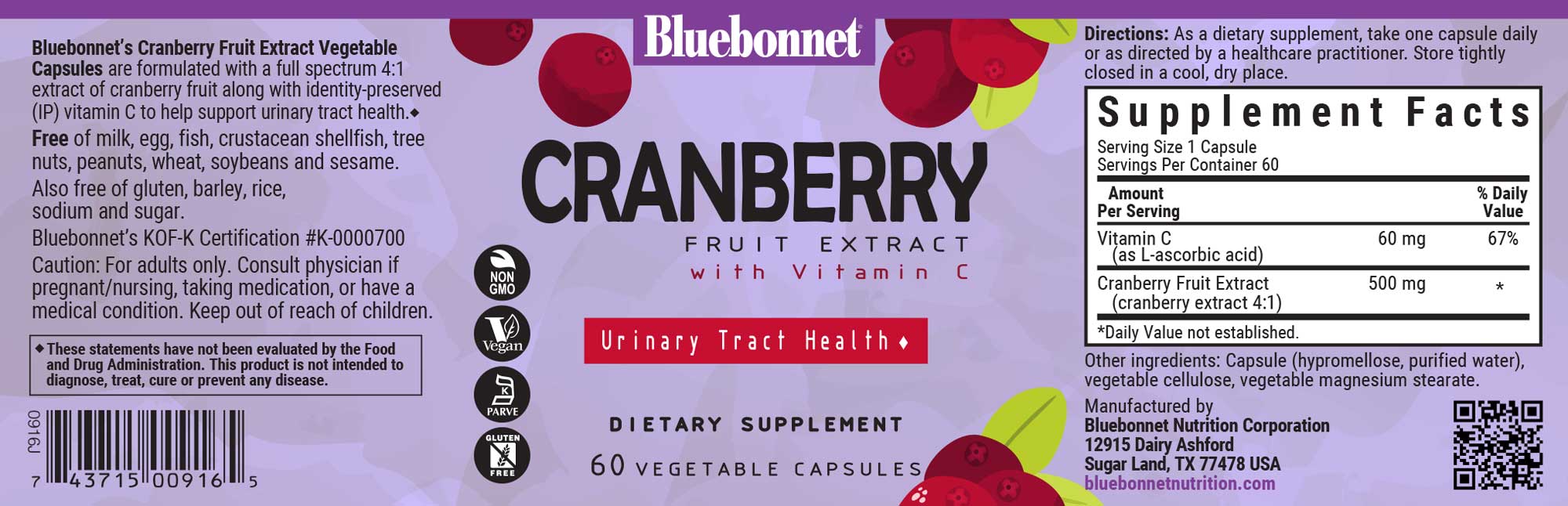 Bluebonnet's Cranberry Fruit Extract. 60 Vegetable Capsules.