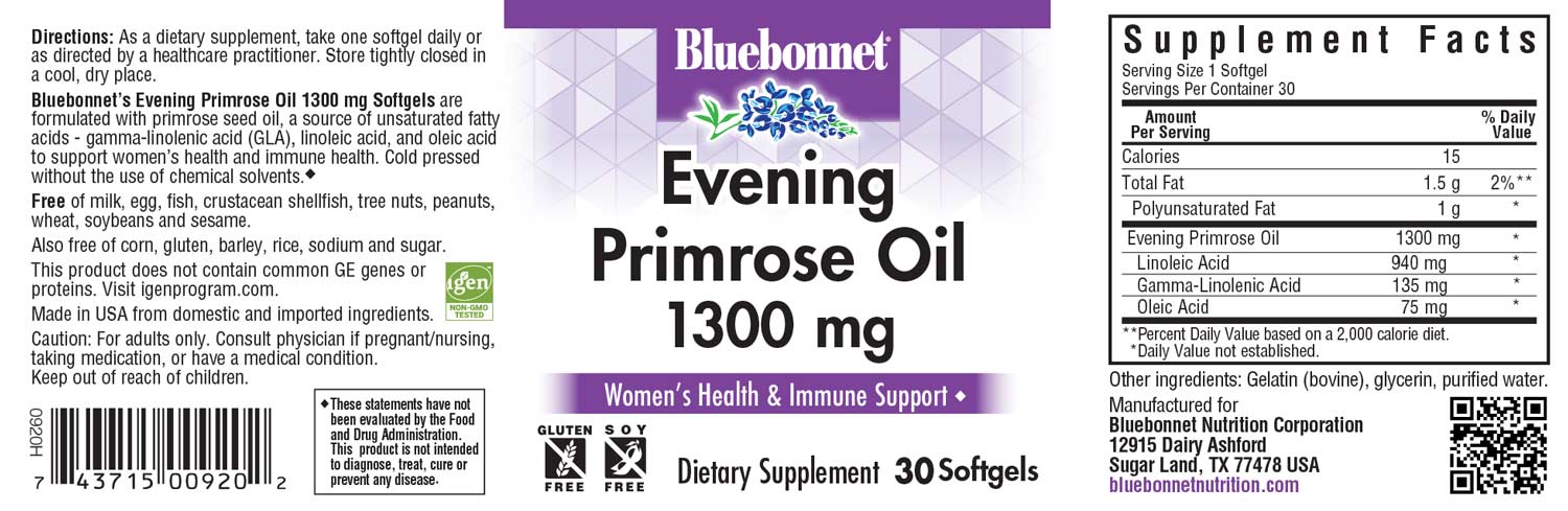 Bluebonnet's Evening Primrose Oil 1300 mg. 30 softgels.