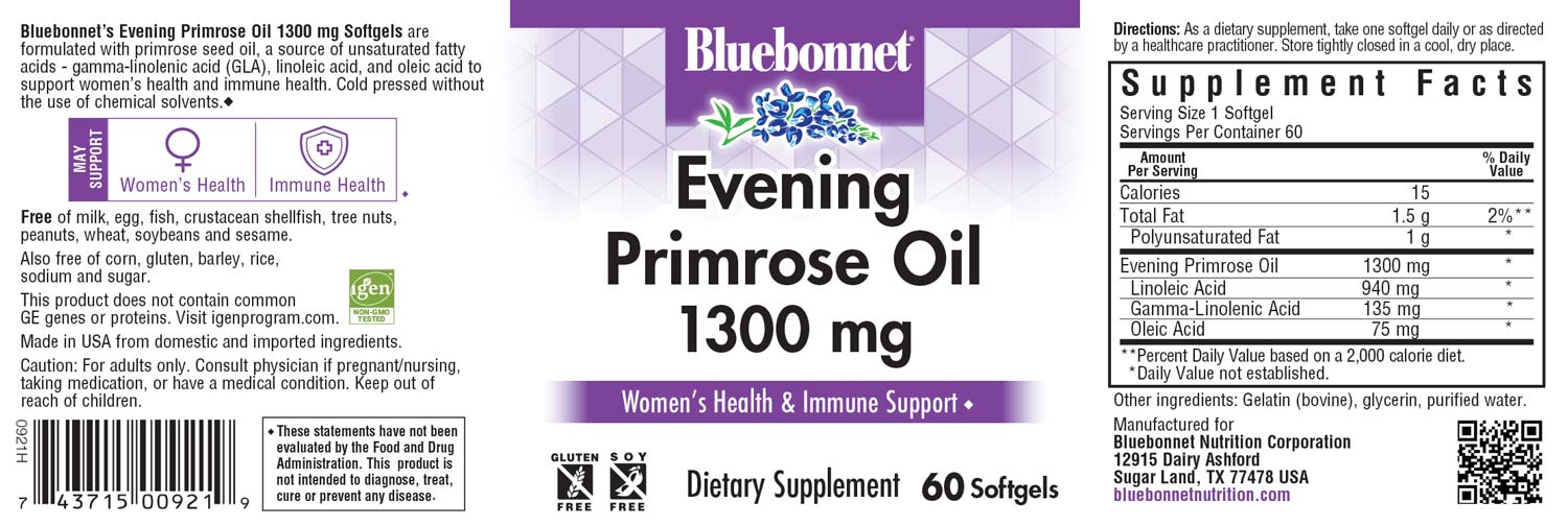Bluebonnet's Evening Primrose Oil 1300 mg. 60 softgels.