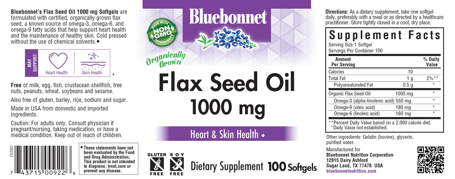 Bluebonnet's Flax Seed Oil 1000 mg. 100 softgels.