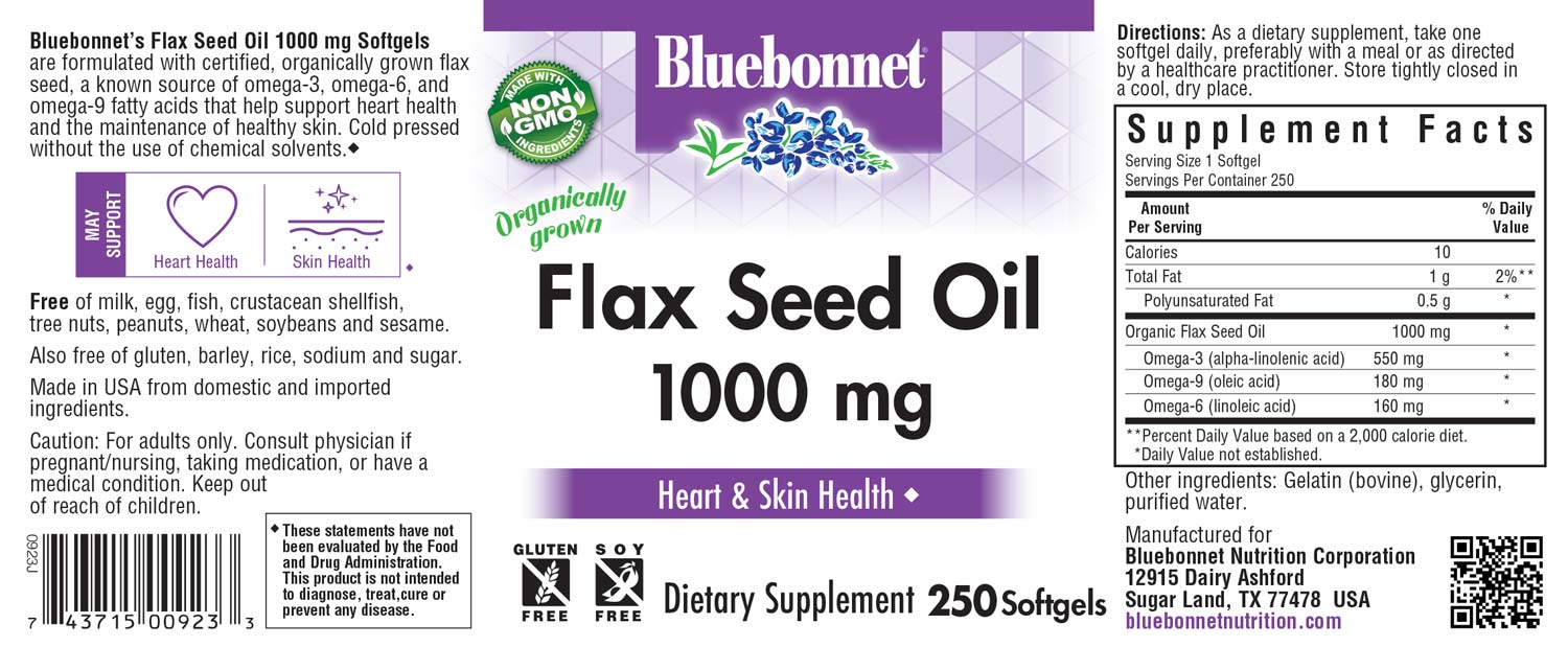 Bluebonnet's Flax Seed Oil 1000 mg. 250 softgels.